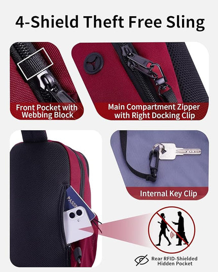 ECOHUB Anti-Theft Crossbody Bag Men Women, RFID Blocking Lightweight Sling Backpack Eco-Friendly with 9 Pockets Sturdy SBS Zippers Water Resistant for Travel Work Hiking Outdoor, Red