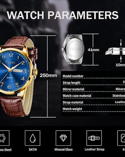Mens Leather Watch Large Face Classic Quartz Mens Analog Watches Luxury Dress Watches for Men Waterproof Men's Wrist Watch Easy Read with Date Number Dial Relojes para Hombre