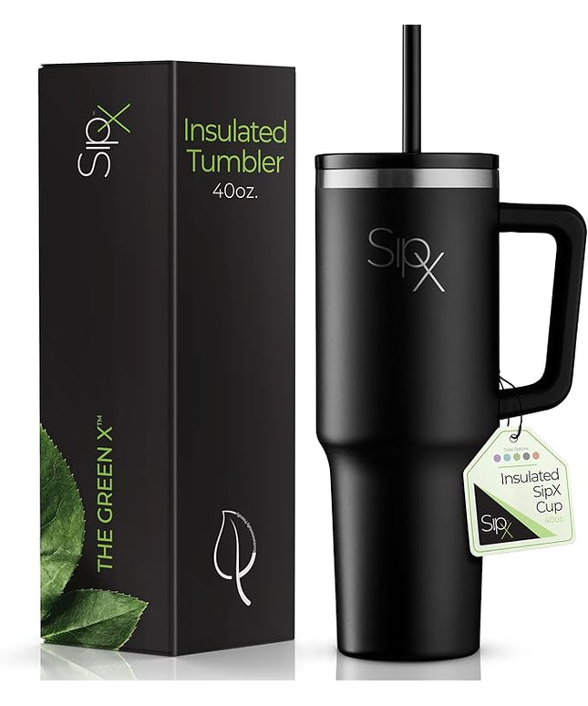 SIPX™ 40 oz Insulated Tumbler with Handle & Straw – Vacuum Insulated Stainless Steel, Leakproof, Cupholder Friendly – Perfect for Iced Coffee, Water & Travel – Black