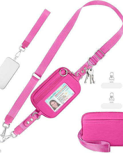 Clip and Go Strap for Phone with Wallet Crossbody Phone Lanyard Adjustable and Detachable RFID Wristlet Wallet with ID Window and Zipper, Hot Pink