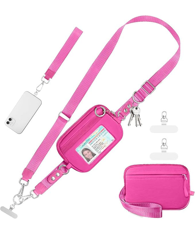 Clip and Go Strap for Phone with Wallet Crossbody Phone Lanyard Adjustable and Detachable RFID Wristlet Wallet with ID Window and Zipper, Hot Pink