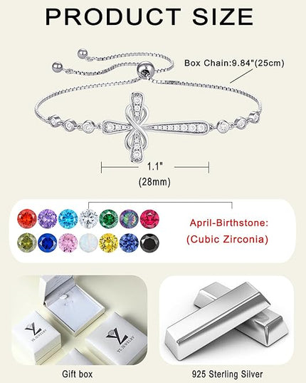 YL Cross Bracelet 925 Sterling Silver Infinity Sideways Link Bracelet Birthstone Jewelry for Women