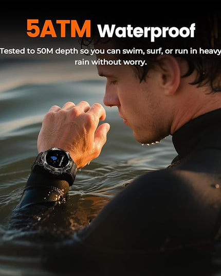 WalkerFit Military Smart Watch for Men (170+ Sports Modes), 1.43" AMOLED Rugged Watch with Bluetooth Call, 5ATM Waterproof Fitness Tracker Watch, Long Battery, Compatible with iPhone Android