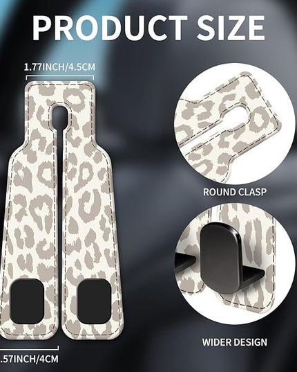Car Seat Headrest Hook, Universal Leather Cute Hanger Holder Hook, Storage Organizer Interior Accessories for Purse Bags Handbag Luxury Grey Leopard