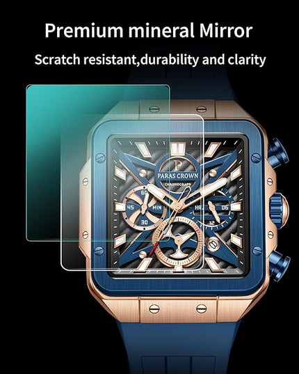 Paras Crown Watches for Men Tonneau 5ATM Waterproof Quartz Luxury Chronograph Analog Men's Wrist Watches Stainless Steel Case Mens Watches