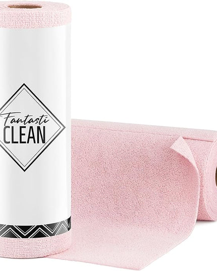 Fantasticlean Microfiber Cleaning Cloth Roll -30 Pack, Tear Away Microfiber Towels, 12" x 12", Reusable, Washable, Scratch Free, Ultra Absorbent Dishcloth for All-Around Cleaning Supplies (Pink)