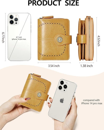 TFKGS Small Womens Wallet Leather RFID Blocking Bifold Compact Card Holder Ladies Zipper Accordion Pocket with ID Window Yellow