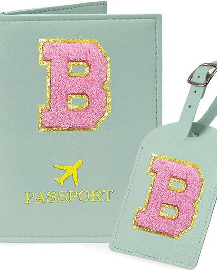 COSHAYSOO Initial Passport Cover Luggage Tag Set Letter Passport Holder Airplane Cruise Travel Essentials Vacation Traveling Accessories Personalized Gifts for Women Teen College Girls Teal B