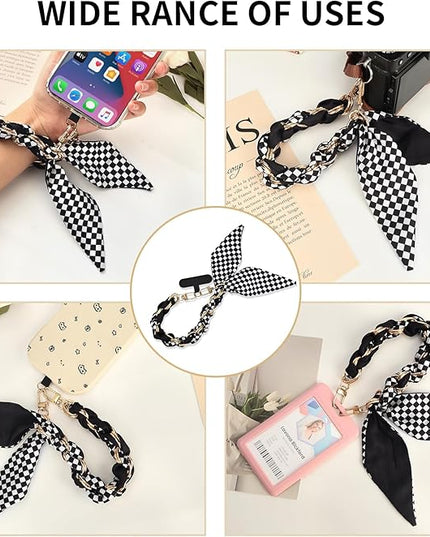 Fycyko Phone Wrist Strap with Gold Metal Scarf and Universal Tether Tab, Aesthetic Print Design Ribbon Chain, Multi-Purpose Accessories for Bag Key Cellphone for Men Women Girls-Black Checkerboard