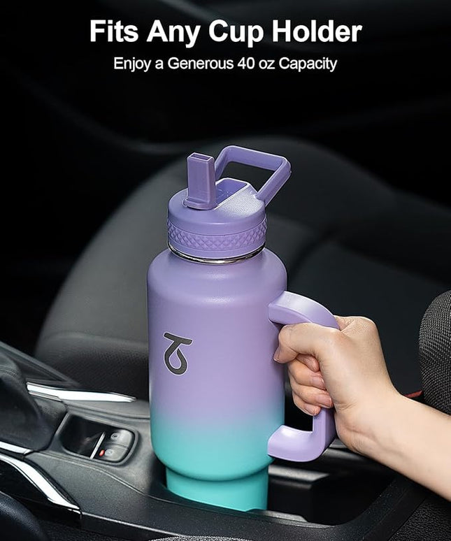 Trebo 40 oz Water Bottle Insulated Fit Car Cup Holder with Handle, Stainless Steel Water Bottles Tumbler with Spout Straw Lids, Double Wall Travel Reusable Flask, Leakproof Mug,Keep Cold &Hot,Purple