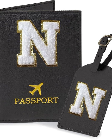 COSHAYSOO Black Passport Cover and Luggage Tag Set TSA Approved with Her Initial Chenille Letter Patch, Trending Traveling Bag Backpack Suitcase Identifier Birthday Gifts for Women Girls (N)
