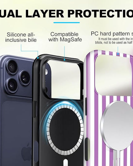 Magnetic for iPhone 17 Pro Max Case Cute Stripes Phone Case, Shockproof Slim TPU and Hard PC Protective Phone Cover Compatible with MagSafe Designed for Women Girls, Purple
