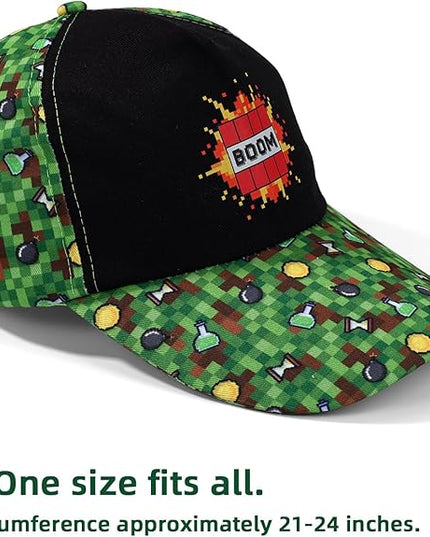 Pixel Baseball Cap for Boys, Adjustable Green Game Theme Hat for Men Teens Fans Gamers Cool Trendy Gift