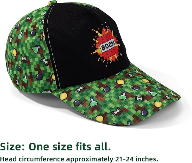 Pixel Baseball Cap for Boys, Adjustable Green Game Theme Hat for Men Teens Fans Gamers Cool Trendy Gift