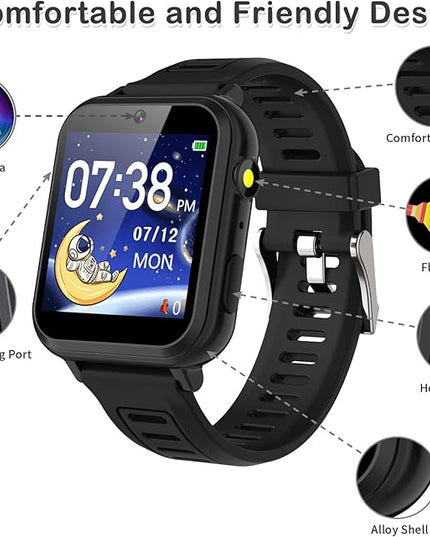 Phyulls Smart Watch for Kids, Smart Watch Toys with 39 Games Camera Video Recorder Music Alarm Calculator Calendar Flashlight Stopwatch Pedometer Gift Toys for 3-12 Years Old Boys and Girls (Black)