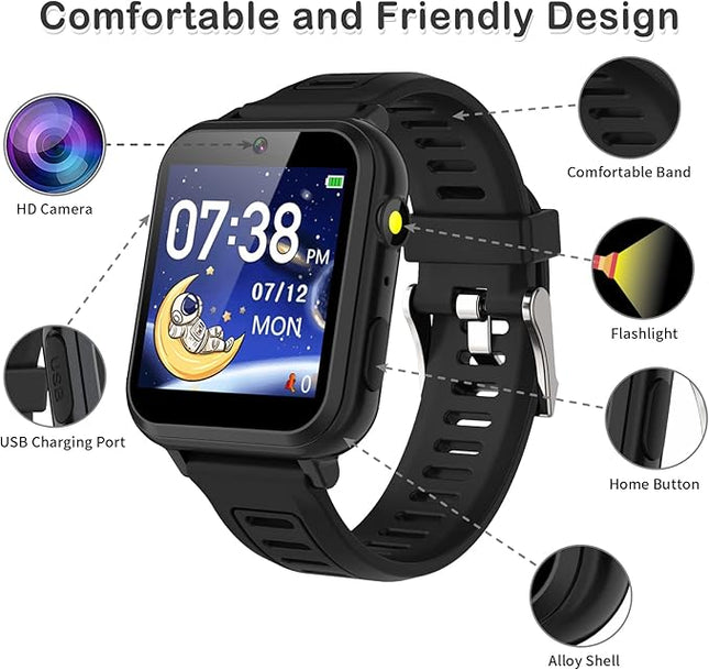 Phyulls Smart Watch for Kids, Smart Watch Toys with 39 Games Camera Video Recorder Music Alarm Calculator Calendar Flashlight Stopwatch Pedometer Gift Toys for 3-12 Years Old Boys and Girls (Black)