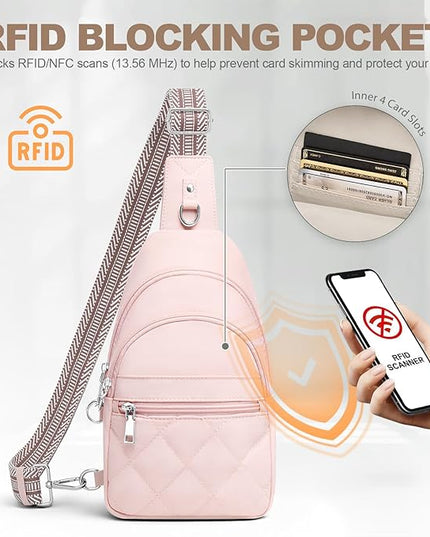Sling Bag for Women, Anti-Theft RFID Crossbody Bag Nylon Sling Purse for Travel, Puffy Small backpack for Daily Hiking Sports Pink