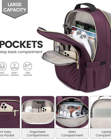 LOVEVOOK Laptop Backpack for Women 15.6 inch,Cute Womens Travel Backpack Purse,Professional Laptop Computer Bag,Waterproof Work Business College Teacher Bag Carry on Backpack with USB Port,Deep Purple