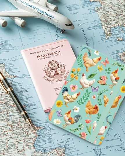 Hens Foliage Leather Passport Holder Cover Flower Leaves Travel Wallet Passport Case with Credit Card Slots for Women Men Travelling Essentials for Flying