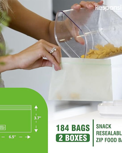 Responsible Products Certified Compostable SNACK Resealable Zip Bag, Extra Strength Food Bags, Plant-Based Freezer-Safe (184 Pack)