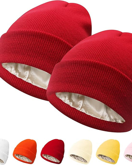 PFFY 2 Packs Womens Satin Lined Beanie Hat Silk Lining Winter Hats Beanies for Women Soft Slouchy Beanie Skull Cap