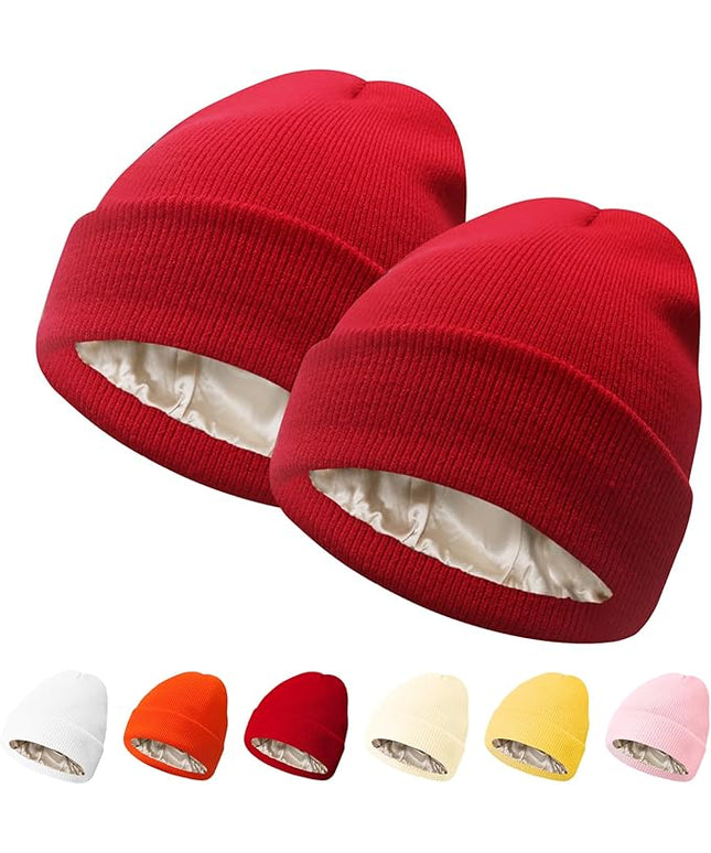 PFFY 2 Packs Womens Satin Lined Beanie Hat Silk Lining Winter Hats Beanies for Women Soft Slouchy Beanie Skull Cap