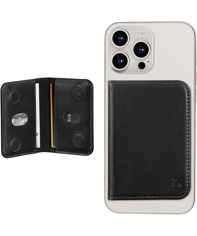 Belemay Minimalist Bifold Magnetic Wallet Compatible with MagSafe, Slim Card Holder for 4 Cards, Vegetable-Tanned Leather, Compatible with iPhone 17/16/15/14/13/12 Series and MagSafe Cases, Black