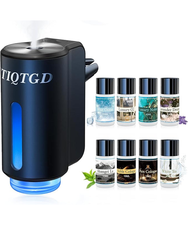 Smart Car Air Freshener, Car Air Freshener Diffuser with 3 Adjustable Light Modes, Rechargeable Aromatizante para Carro with 8pcs Essential Oil, Long-Lasting, Black