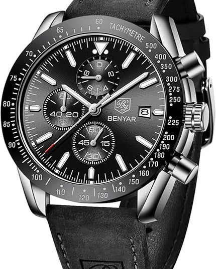 BY BENYAR Watch for Men Analog Quartz Chronograph Waterproof Luminous Designer Mens Wrist Watches Business Work Sport Casual Dress Watch with Silicone Strap Elegant Gifts for Men