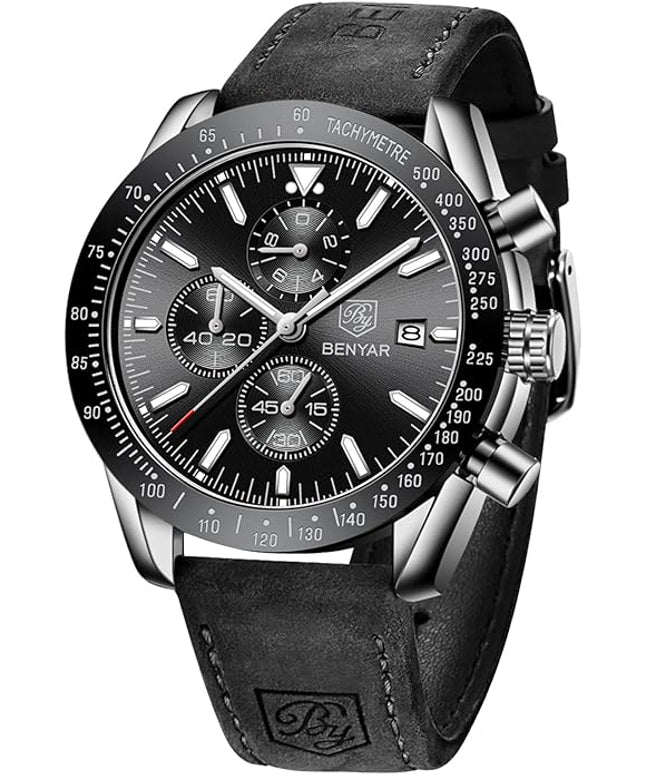 BY BENYAR Watch for Men Analog Quartz Chronograph Waterproof Luminous Designer Mens Wrist Watches Business Work Sport Casual Dress Watch with Silicone Strap Elegant Gifts for Men