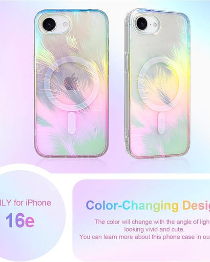 Glitter Case for iPhone 16e Case for Women Girls [ Compatible with Magsafe ] Clear Cute Aesthetic Girly Iridescent Feather Sparkly Bling Magnetic Phone Cover, Gradient Blue & Pink