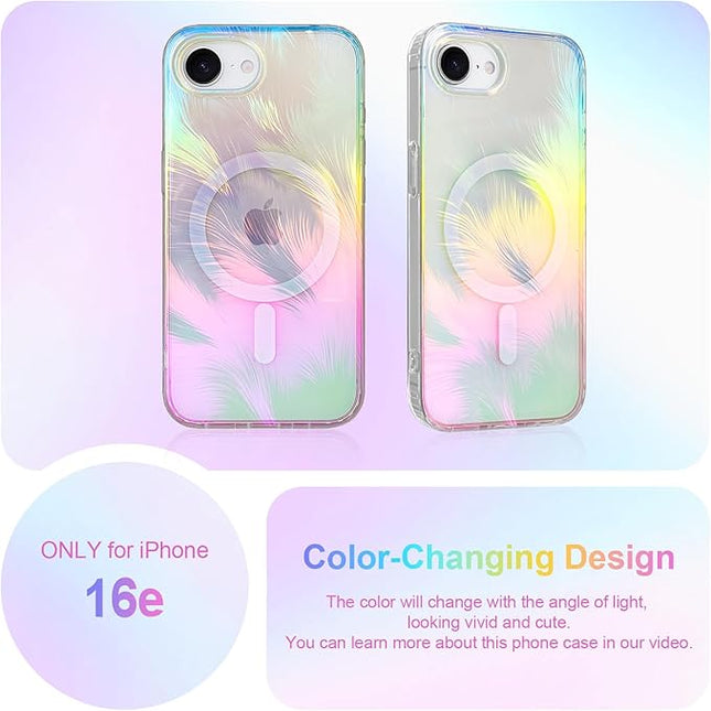 Glitter Case for iPhone 16e Case for Women Girls [ Compatible with Magsafe ] Clear Cute Aesthetic Girly Iridescent Feather Sparkly Bling Magnetic Phone Cover, Gradient Blue & Pink