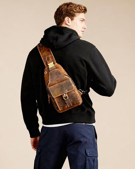 Genuine Leather Hiking Travel DayPack Sling Crossbody Triangle Chest Pack Bag For Men Women 8241