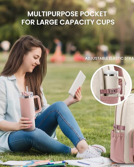 LOVEVOOK Laptop Backpack for Women with Pouch Pocket for Large Capacity Cup,15.6 Inch Teacher Nurse College Work Backpack Purse,Waterproof Laptop Bag Computer Back Pack for Travel, Beige-Pink-Brown