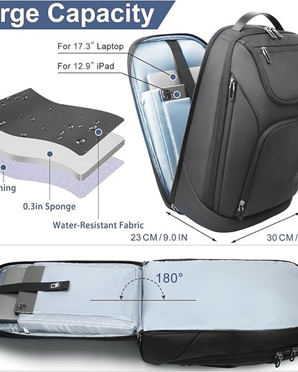 hk Business Smart Backpack for Men Anti-Theft for 17.3 Inch Laptop with USB Charging Port Water-Resistant Large Durable Compact 30L for Travel College Work-Deep Black
