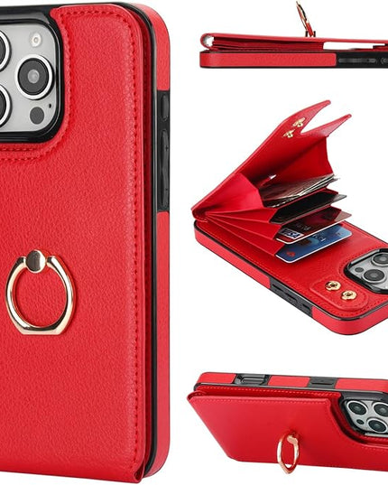 Folosu Compatible with iPhone 16 Pro Max Case Wallet with Card Holder, 360°Rotation Finger Ring Holder Kickstand, RFID Blocking Leather Protective Double Buttons Shockproof Cover 6.9 Inch Red