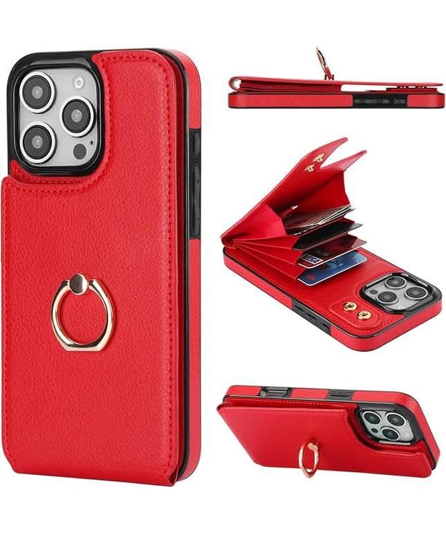 Folosu Compatible with iPhone 16 Pro Max Case Wallet with Card Holder, 360°Rotation Finger Ring Holder Kickstand, RFID Blocking Leather Protective Double Buttons Shockproof Cover 6.9 Inch Red