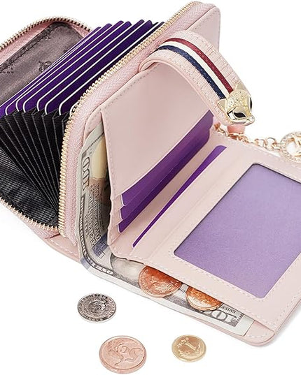 FOXLOVER Genuine Leather Zip Small Wallet Women RFID Blocking Credit Card Bifold Wallet Business Card Holder with ID Window(Pink)