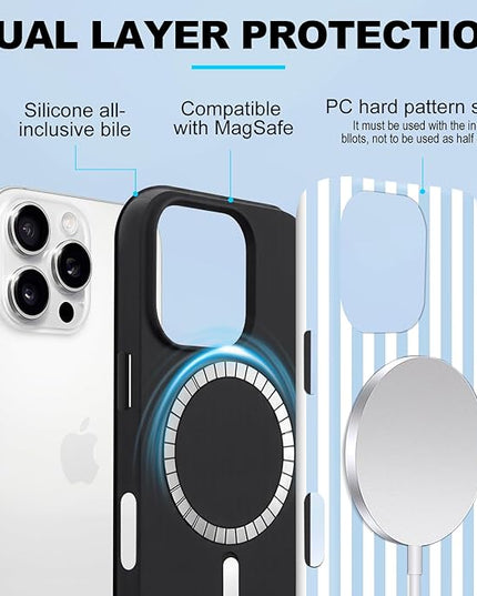 Magnetic for iPhone 13 Pro Case Cute Stripes Phone Case, Shockproof Slim TPU and Hard PC Protective Phone Cover Compatible with MagSafe Designed for Women Girls, Blue and White