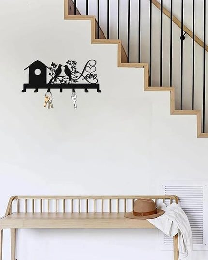Hppybiry Metal Key Holder, Wall Mounted Key Hooks, Key Holder for Wall, Key Organizer Rack with 7 Hooks, Key Hanger Decor for Kitchen, Entryway, Hallway, Bedroom, Doorway (House Bird 12IN)