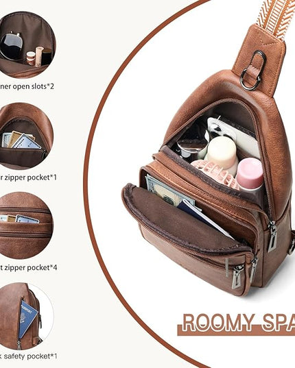 Sling Bag for Women Crossbody Bags Fanny Packs Over Shoulder Bag Sling Purse Backpack Vegan Leather Travel Brown