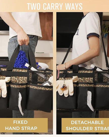 Wearable Cleaning Caddy, Cleaning Caddy Supplies Organizer with Handle & Shoulder Straps for Housekeepers, Under Sink & Car Cleaning Tool Organizers Bag with 4 Foldable Divider (Leopard)