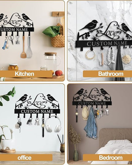 Personalized Key Holder for Wall, Bird Key Holder Wall Mount Customized, Metal Key Organizer Wall Decorative, Wedding Housewarming Gift, Key Rack Holder Wall Mount for Kitchen, Hallway, Doorway