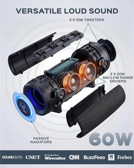 TREBLAB HD-Max Portable Bluetooth Speaker, 60W Loud Stereo Sound with Deep Bass, IPX7 Waterproof Outdoor Speaker, 20H Playtime, Powerbank, RGB Party Lights