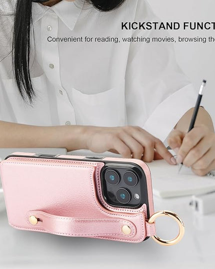 Folosu for iPhone 16 Pro Max Wallet Case with Card Holder, Hand Wrist Strap Loop Holder Kickstand, RFID Blocking Finger Grip Ring PU Leather Double Buttons Shockproof Cover 6.9" Rose Gold