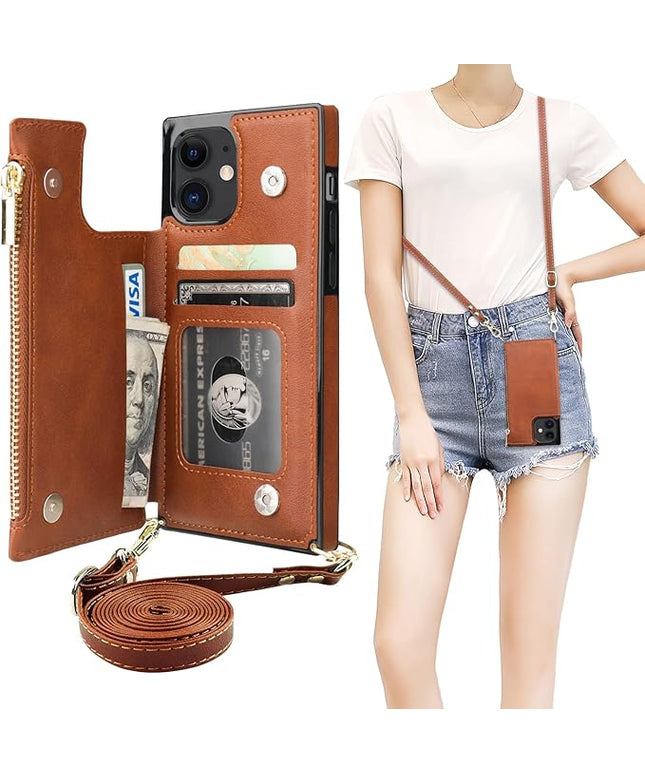 Bocasal Crossbody Wallet Case for iPhone 12/12 Pro with Card Holder,Zipper Card Slot Protector Shockproof Purse Cover with Removable Cross Body Strap 6.1 Inch(Brown)
