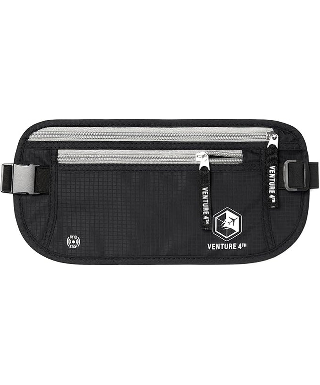 VENTURE 4TH Money Belt for Travel – Hidden Under-Clothes RFID Blocking Passport Holder & Slim Travel Wallet Pouch for Men & Women to Protect Cash, Cards & Documents (Black)