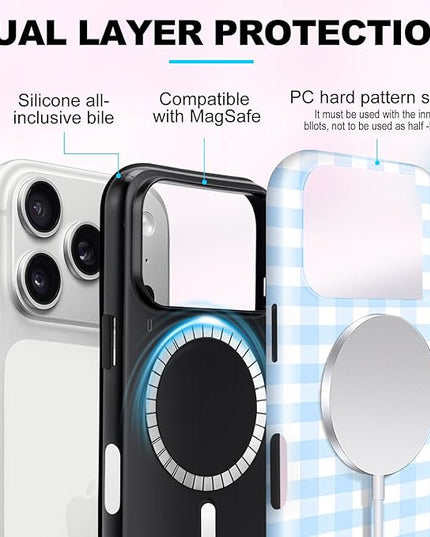Magnetic for iPhone 17 Pro Max Case Cute Checkered Stripes Phone Case for Women Girls, Shockproof Slim TPU and Hard PC Protective Phone Cover Compatible with MagSafe Designed, Blue
