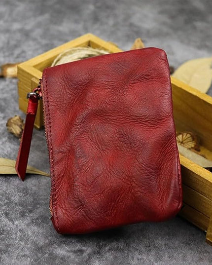 ZYLOXAR Genuine Leather Coin Pouch with Zipper Snap Closure Crazy Horse Wallet for Women (Red)