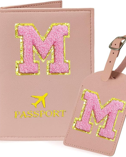 COSHAYSOO Initial Passport Cover Luggage Tag Set Letter Passport Holder Airplane Cruise Travel Essentials Vacation Traveling Accessories Personalized Gifts for Women Teen College Girls Pink M